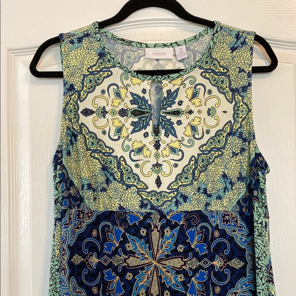Chico's Blue and Green Patterned Sleeveless Maxi Dress